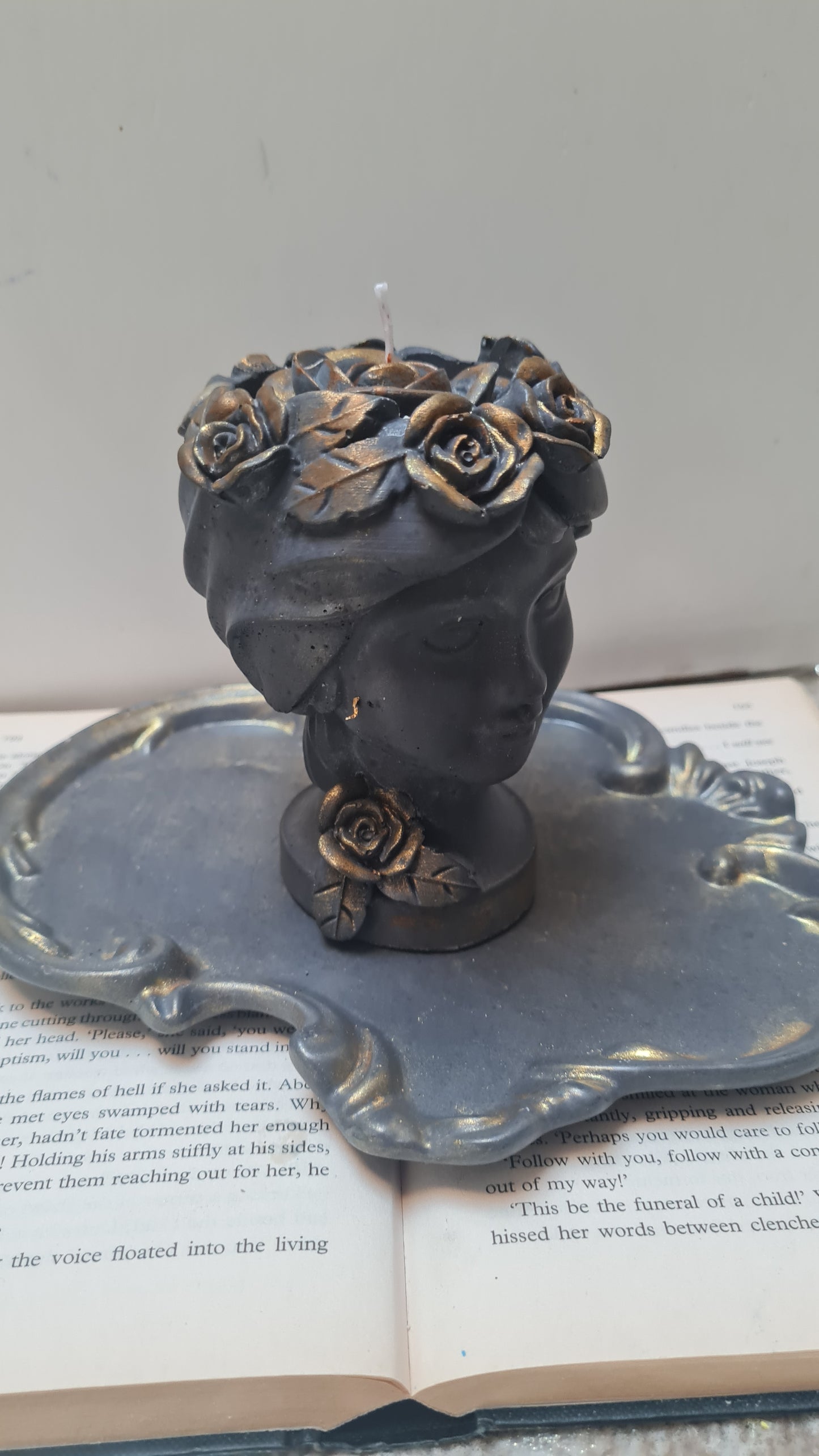 Woman  Candle with Crown of roses with tray.