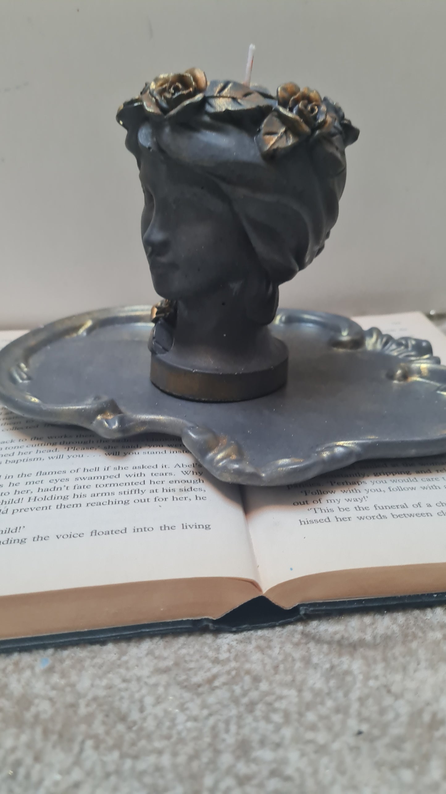 Woman  Candle with Crown of roses with tray.