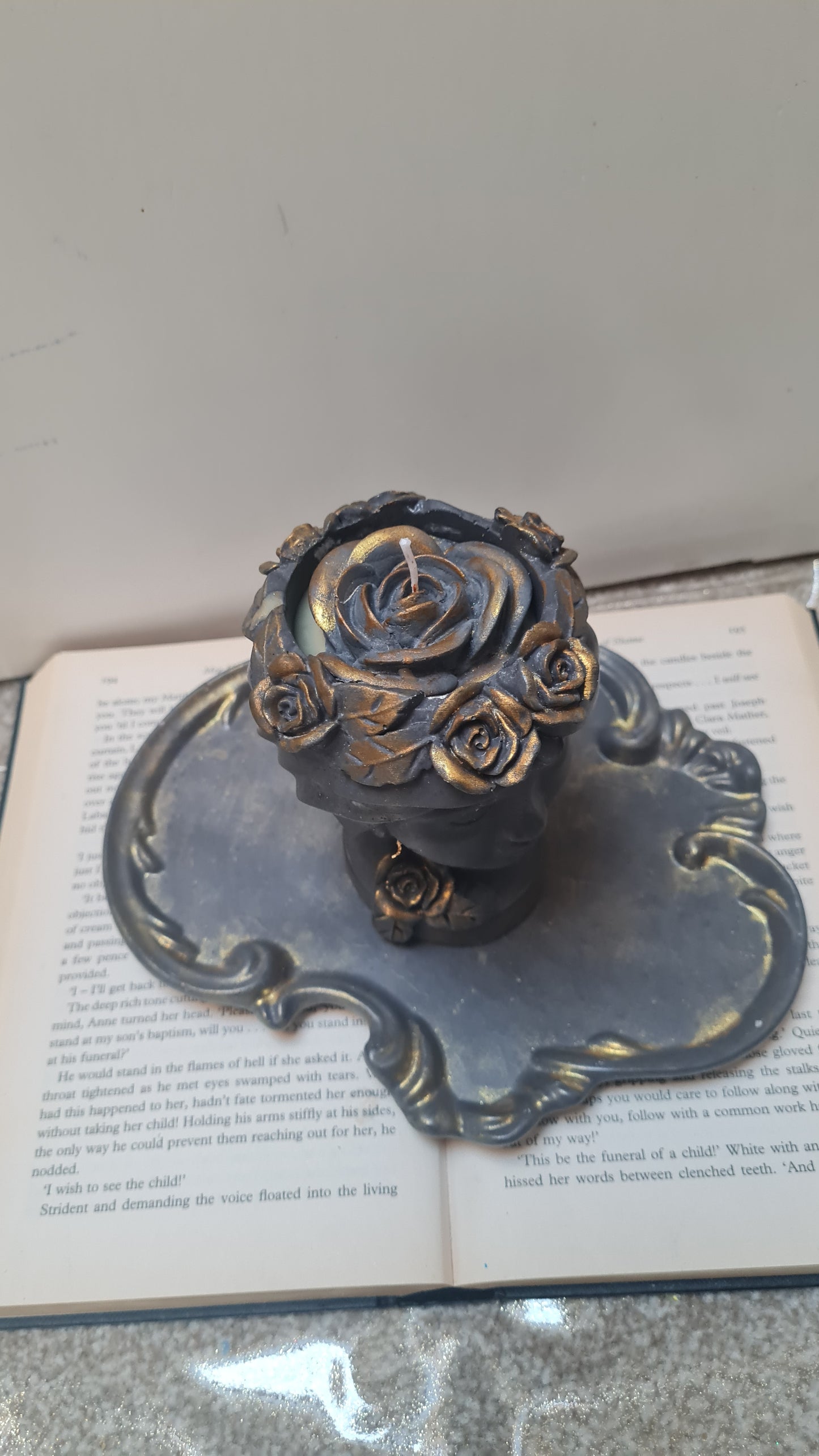 Woman  Candle with Crown of roses with tray.