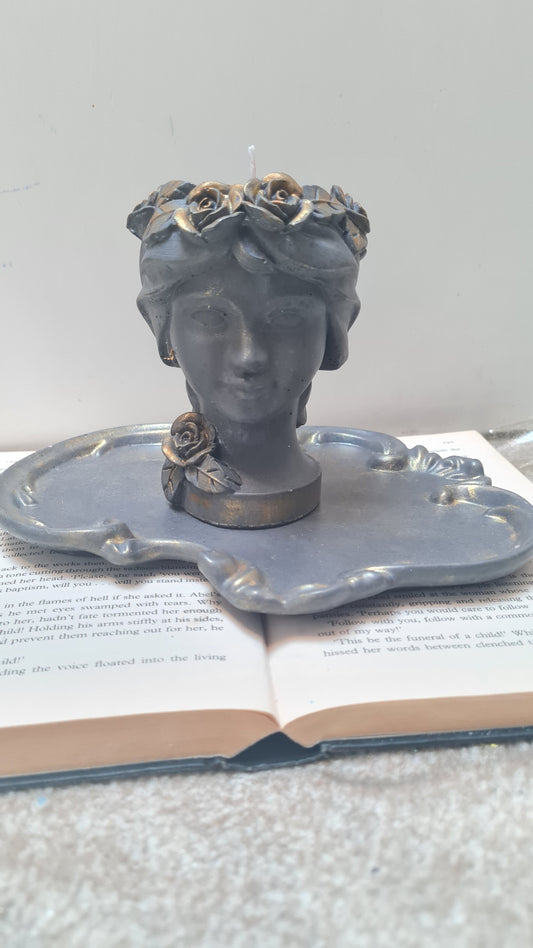 Woman  Candle with Crown of roses with tray.